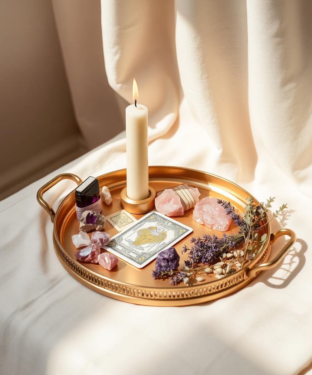 A soft ritual altar with candle, crystals and tarot